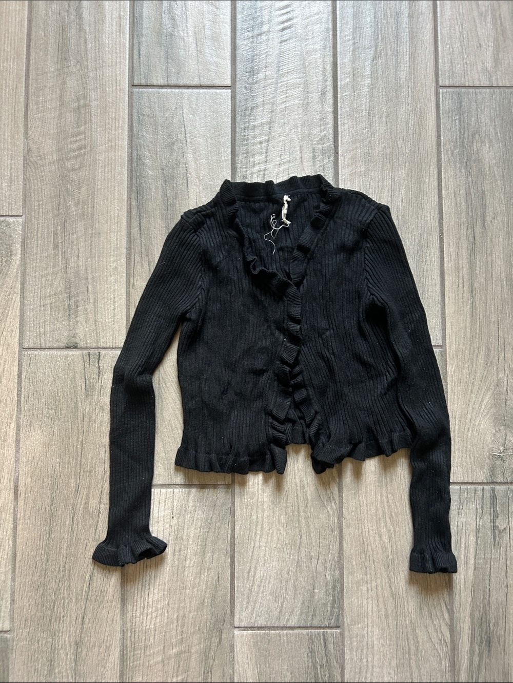 Black Ruffle-Trim Ribbed Women's Cardigan